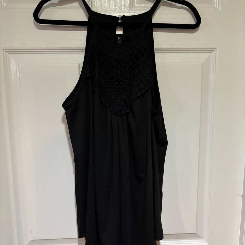 Black Crochet Yoke High-Neck Women's Tank Top Large